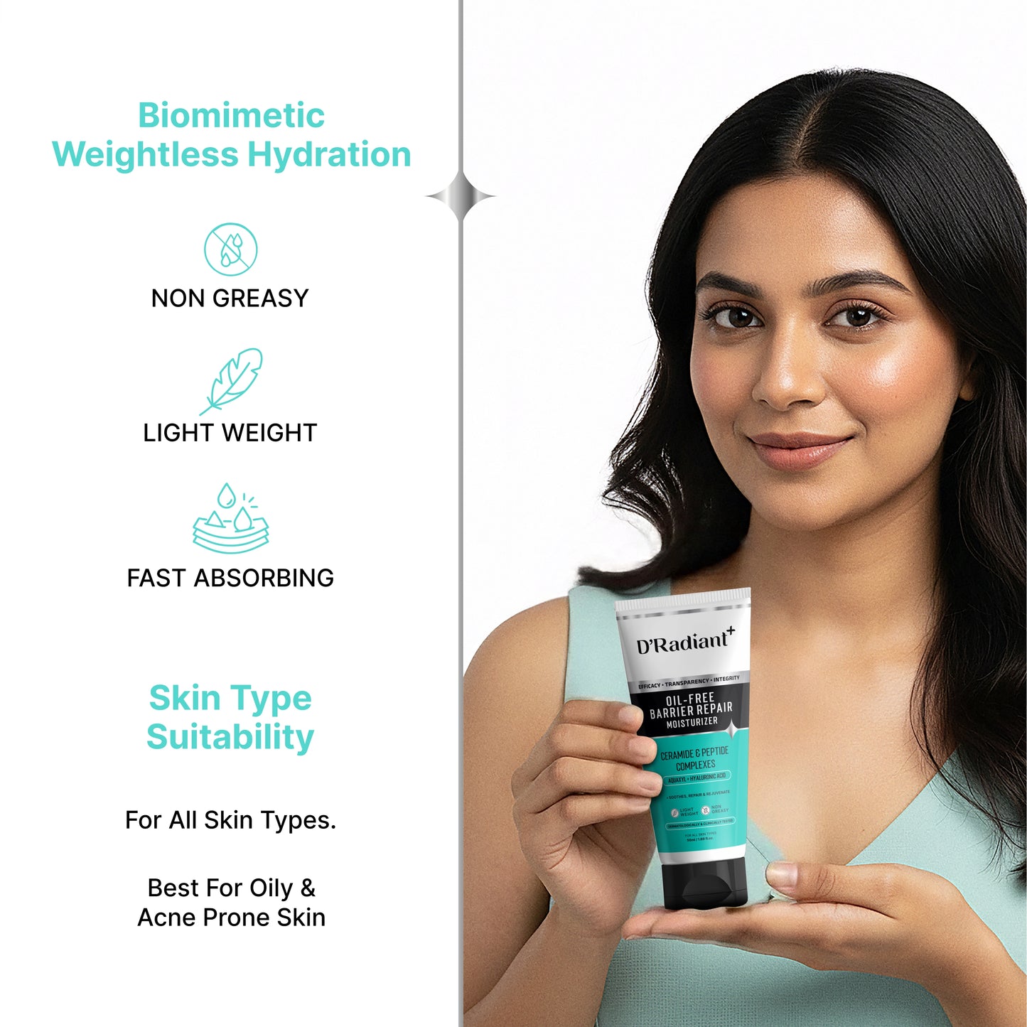 D’Radiant+ Oil-Free Moisturizer for Oily & Sensitive Skin | Barrier Repair with Ceramides, Peptides & Hyaluronic Acid | Lightweight, Non-Greasy | Dermatologically & Clinically Tested (50ml)