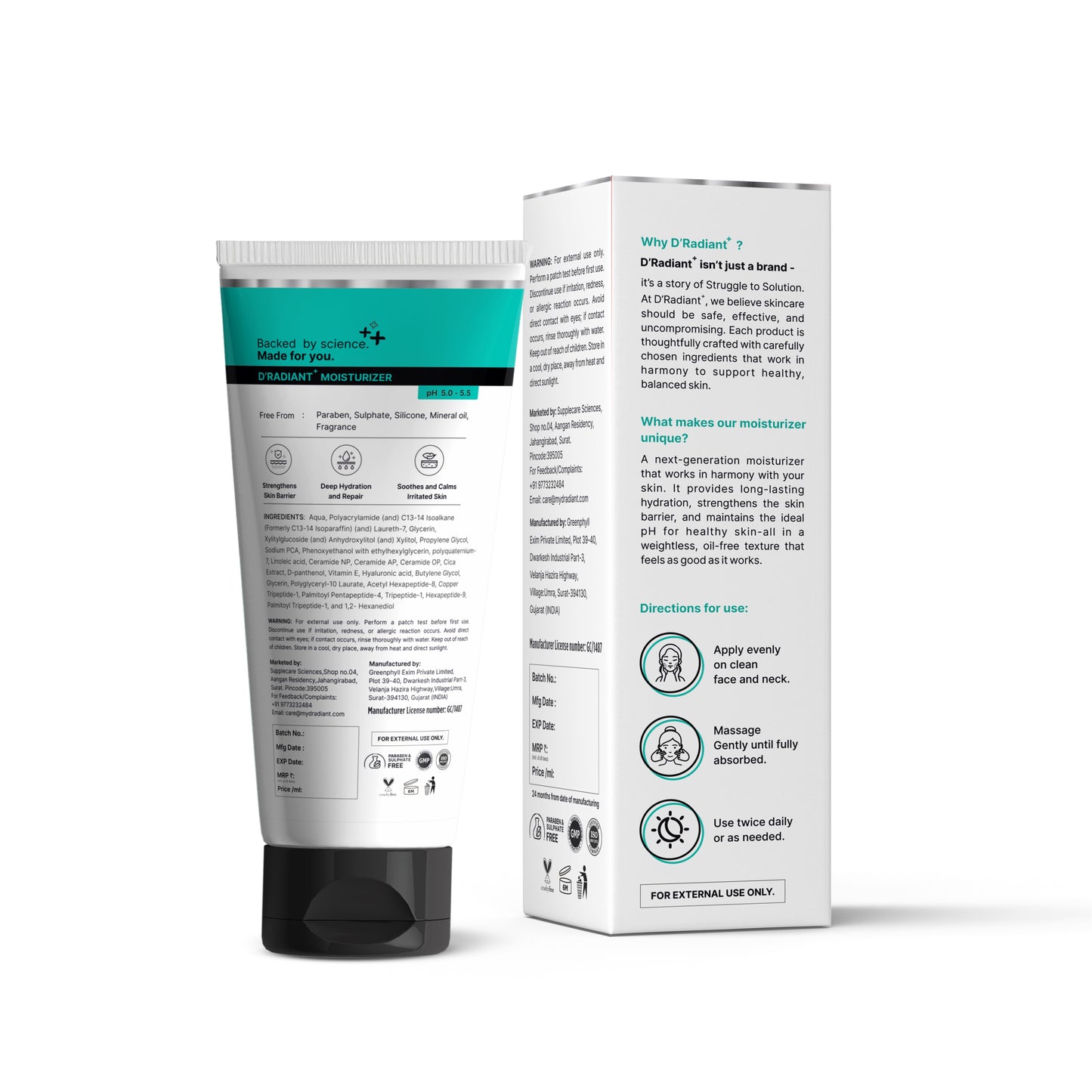 D’Radiant+ Oil-Free Moisturizer for Oily & Sensitive Skin | Barrier Repair with Ceramides, Peptides & Hyaluronic Acid | Lightweight, Non-Greasy | Dermatologically & Clinically Tested (50ml)