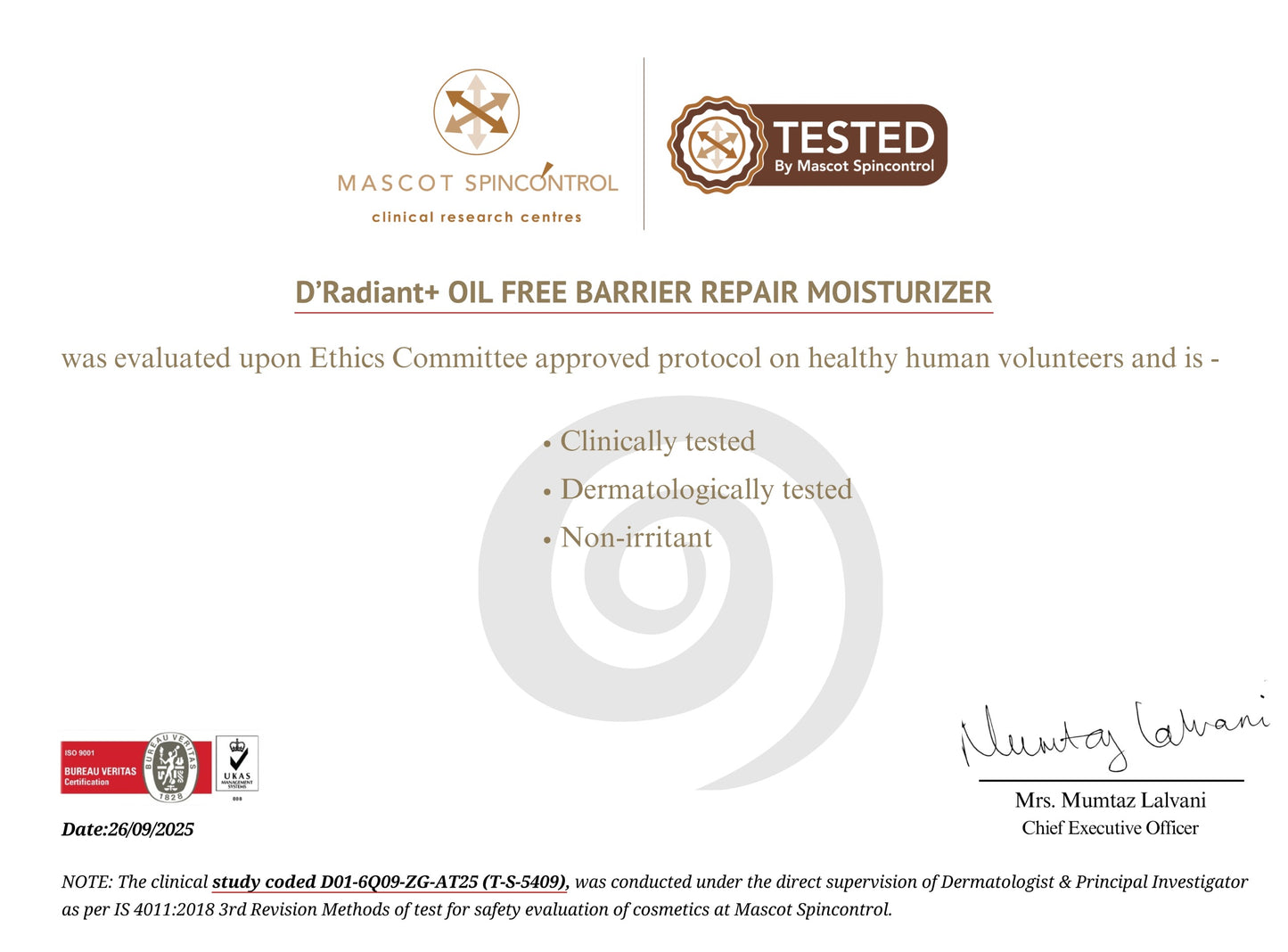 D'Radiant+ Oil-Free Barrier Repair Moisturizer Certificate