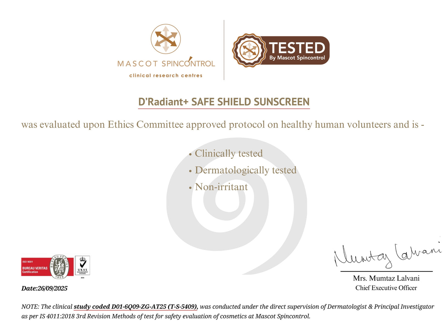 D'Radiant+ Safe Shield Sunscreen Certificate