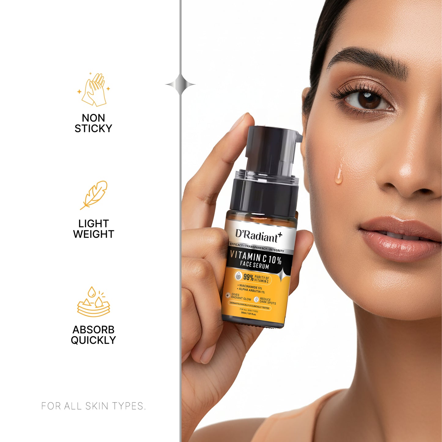 D’Radiant+ Advance Vitamin C 10% Face Serum with Alpha Arbutin and Niacinamide | 7 Active Ingrediants | Skin Brightening, Anti-Aging & Dark Spot Removal | Dermatologically & Clinically Tested(30ml)