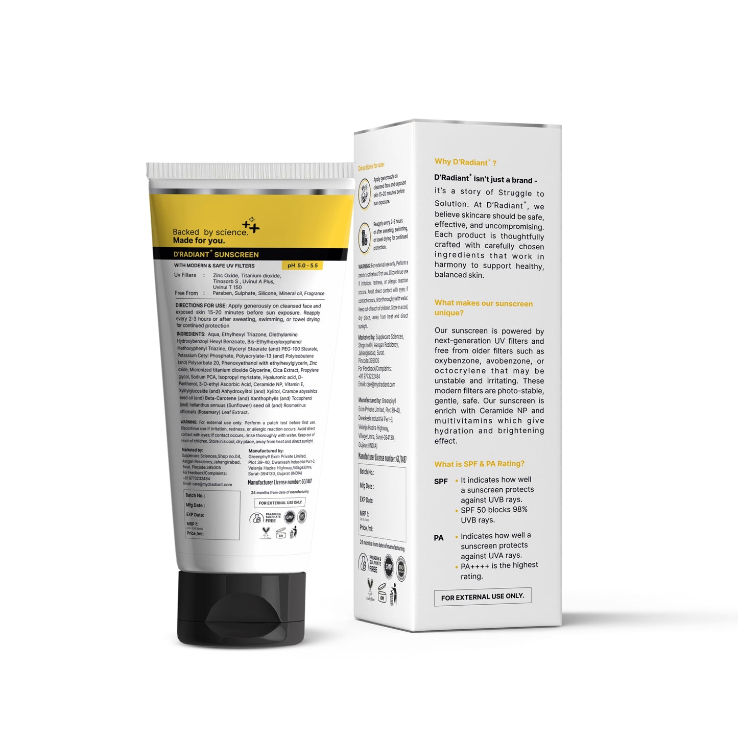 D’Radiant+ Safe Shield Sunscreen SPF 50 PA++++ | Broad Spectrum UVA, UVB, Blue Light, Infrared Protection | Modern Uv Filters | Lightweight, Brightening Effect | Dermatologically & Clinically Tested (50ml)