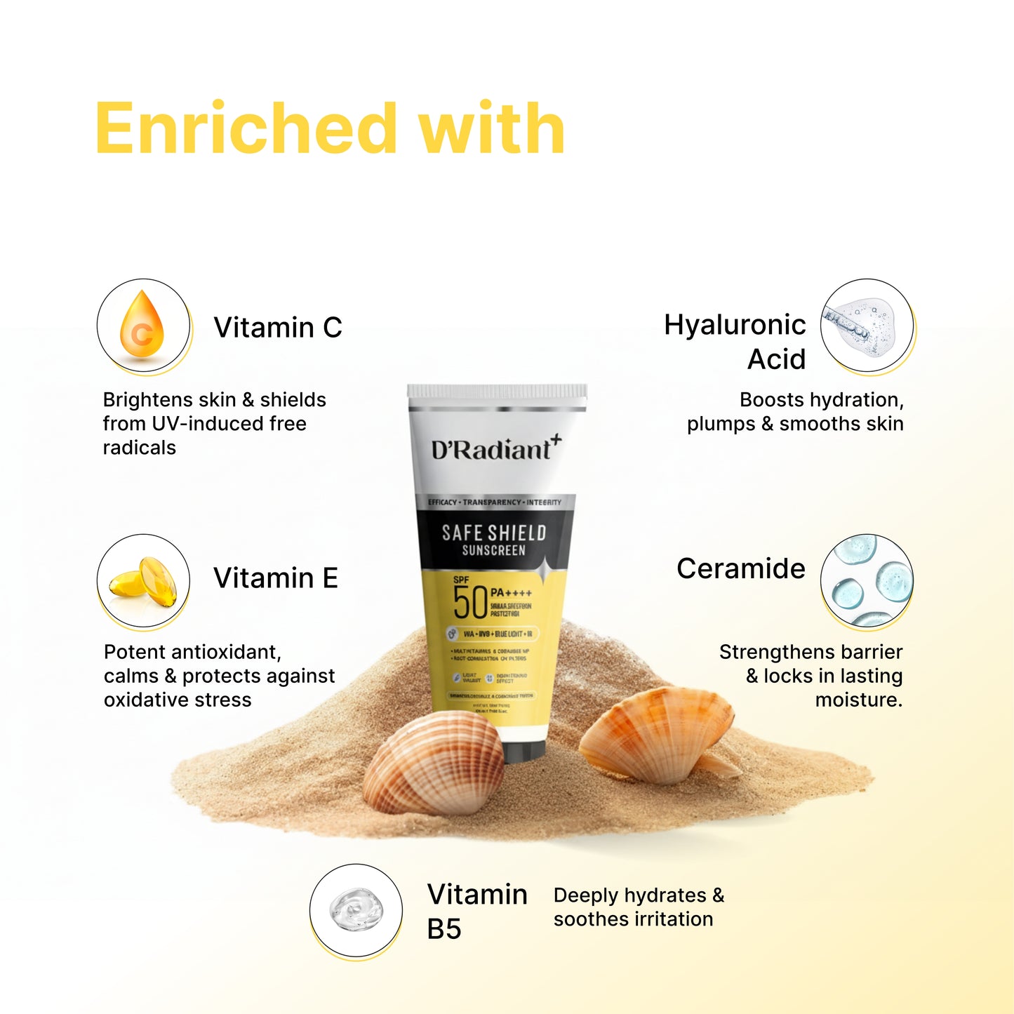 D’Radiant+ Safe Shield Sunscreen SPF 50 PA++++ | Broad Spectrum UVA, UVB, Blue Light, Infrared Protection | Modern Uv Filters | Lightweight, Brightening Effect | Dermatologically & Clinically Tested (50ml)