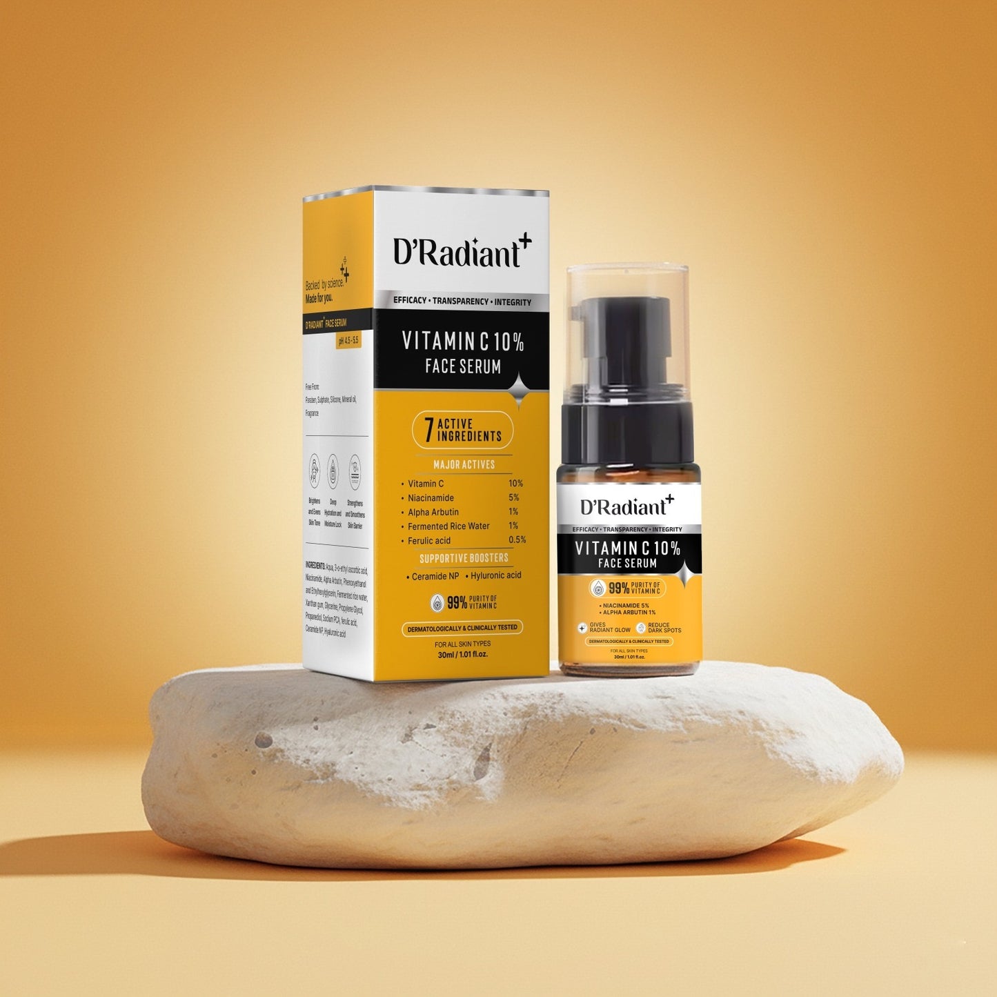 D’Radiant+ Advance Vitamin C 10% Face Serum with Alpha Arbutin and Niacinamide | 7 Active Ingrediants | Skin Brightening, Anti-Aging & Dark Spot Removal | Dermatologically & Clinically Tested(30ml)