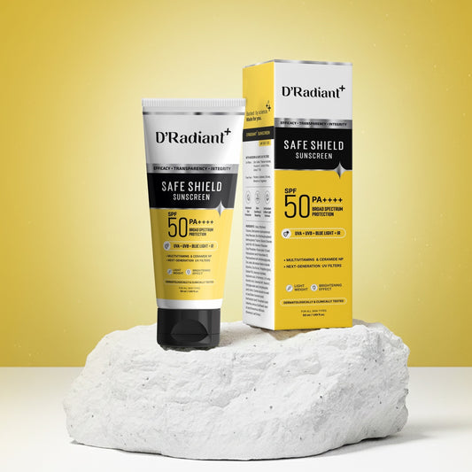 D’Radiant+ Safe Shield Sunscreen SPF 50 PA++++ | Broad Spectrum UVA, UVB, Blue Light, Infrared Protection | Modern Uv Filters | Lightweight, Brightening Effect | Dermatologically & Clinically Tested (50ml)