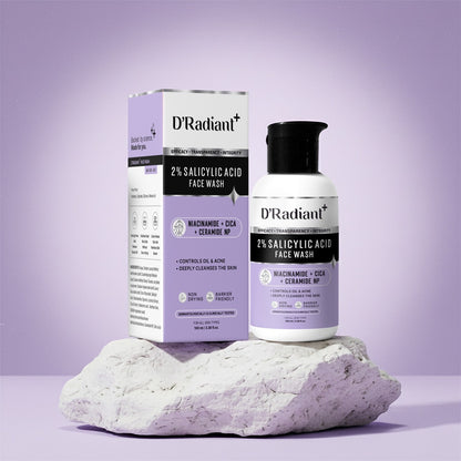 D’Radiant+ 2% Salicylic Acid Facewash | Anti Acne Cleanser with Niacinamide, Cica & Ceramide NP | Oil Control, Deep Pore Cleansing Without Over Drying | Dermatologically & Clinically Tested (100ml)