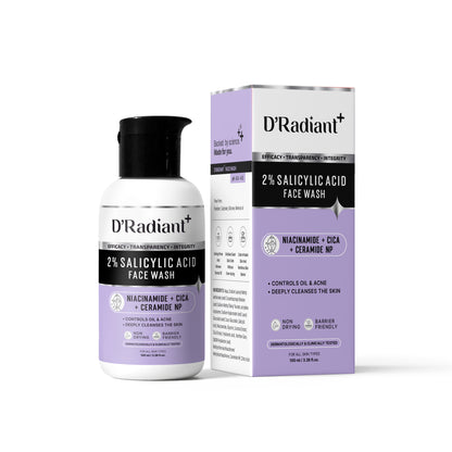 D’Radiant+ 2% Salicylic Acid Face Wash | Anti Acne Cleanser with Niacinamide, Cica & Ceramide NP | Oil Control, Deep Pore Cleansing Without Over Drying | Dermatologically & Clinically Tested (100ml)