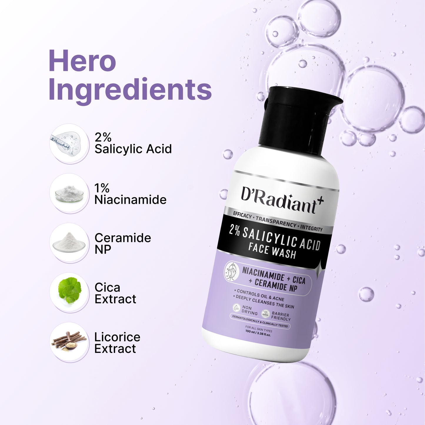 D’Radiant+ 2% Salicylic Acid Face Wash | Anti Acne Cleanser with Niacinamide, Cica & Ceramide NP | Oil Control, Deep Pore Cleansing Without Over Drying | Dermatologically & Clinically Tested (100ml)