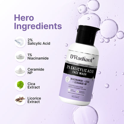 D’Radiant+ 2% Salicylic Acid Face Wash | Anti Acne Cleanser with Niacinamide, Cica & Ceramide NP | Oil Control, Deep Pore Cleansing Without Over Drying | Dermatologically & Clinically Tested (100ml)