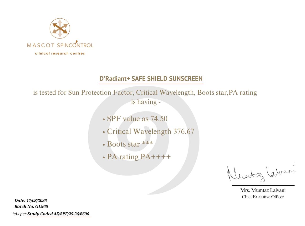 D’Radiant+ Safe Shield Sunscreen SPF 50 PA++++ | Broad Spectrum UVA, UVB, Blue Light, Infrared Protection | Modern Uv Filters | Lightweight, Brightening Effect | Dermatologically & Clinically Tested (50ml)