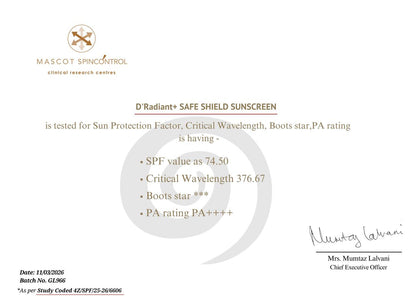 D’Radiant+ Safe Shield Sunscreen SPF 50 PA++++ | Broad Spectrum UVA, UVB, Blue Light, Infrared Protection | Modern Uv Filters | Lightweight, Brightening Effect | Dermatologically & Clinically Tested (50ml)