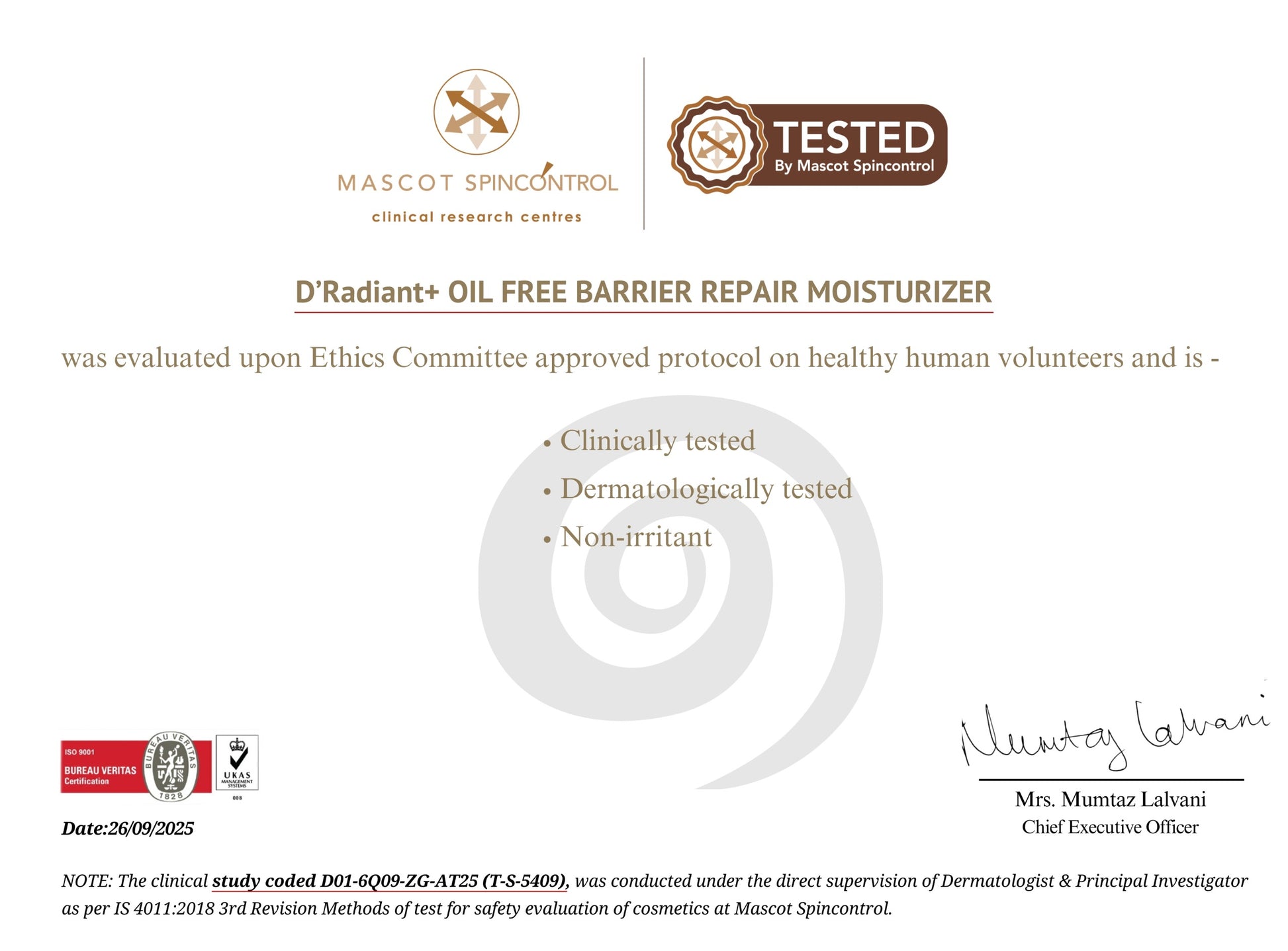 D'Radiant+ Oil-Free Barrier Repair Moisturizer Certificate