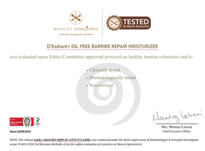 D'Radiant+ Oil-Free Barrier Repair Moisturizer Certificate