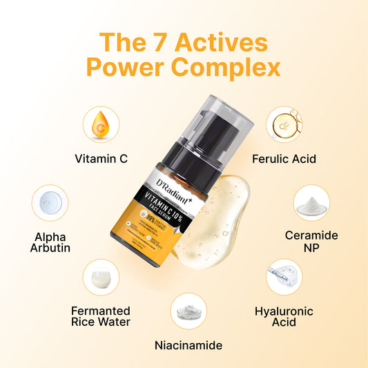 D’Radiant+ Advance Vitamin C 10% Face Serum with Alpha Arbutin and Niacinamide | 7 Active Ingrediants | Skin Brightening, Anti-Aging & Dark Spot Removal | Dermatologically & Clinically Tested(30ml)