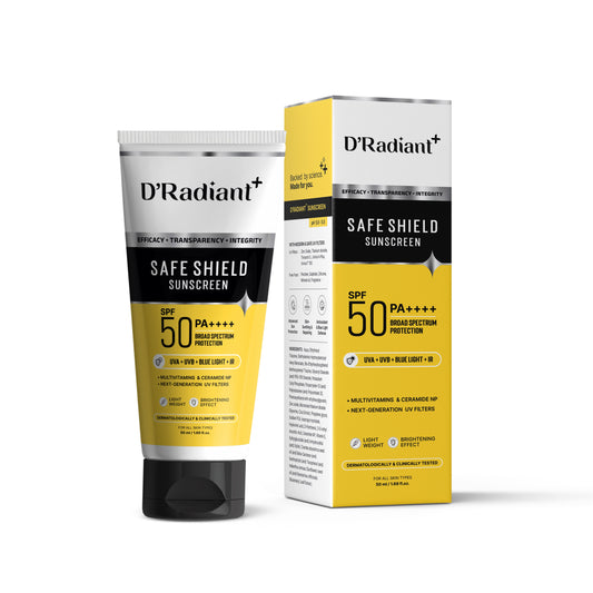 D’Radiant+ Safe Shield Sunscreen SPF 50 PA++++ | Broad Spectrum UVA, UVB, Blue Light, Infrared Protection | Modern Uv Filters | Lightweight, Brightening Effect | Dermatologically & Clinically Tested (50ml)